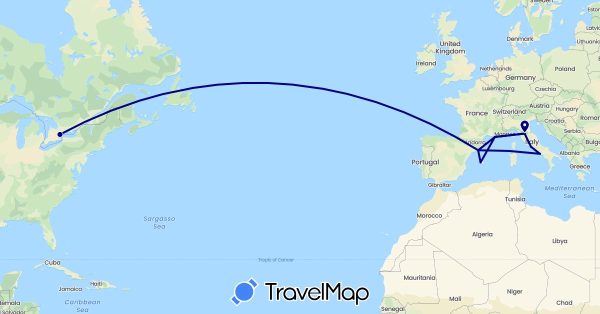 TravelMap itinerary: driving in Canada, Spain, France, Italy (Europe, North America)